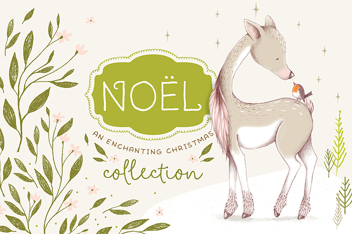 A gentle fawn with a robin perched on its back, surrounded by floral motifs and the text "NOËL: An Enchanting Christmas Collection".