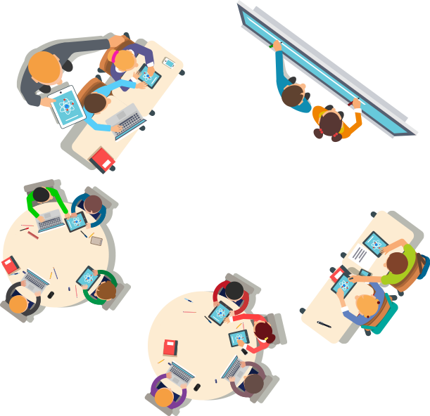 Top-down view of diverse students collaborating at desks with laptops, tablets, and a whiteboard in a modern classroom setting.
