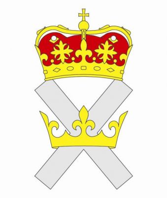 Royal crown above crossed silver bands with a smaller gold crown, symbolizing nobility or chivalric order.