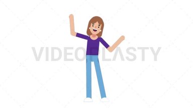 Smiling cartoon woman in purple shirt and blue jeans raising one arm joyfully against white background.