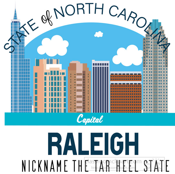 Illustrated skyline of Raleigh, NC with "State of North Carolina" arch and "Capital Raleigh - The Tar Heel State" text.
