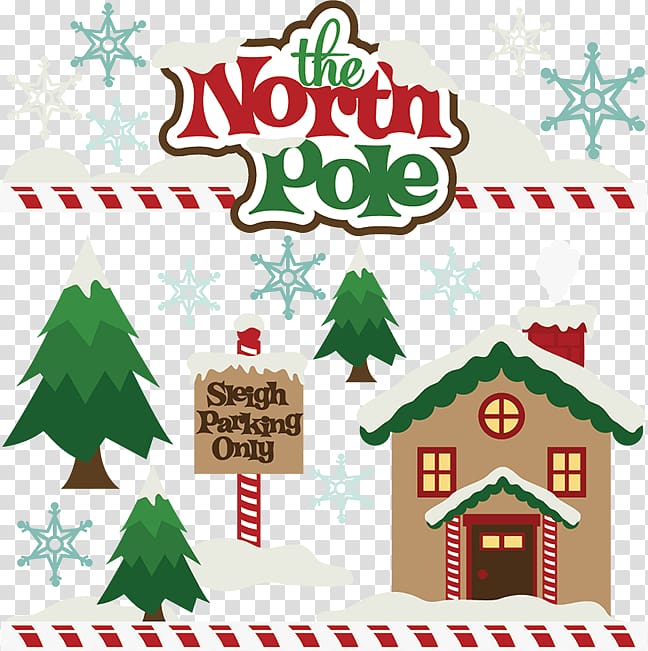 Festive North Pole scene with gingerbread house, evergreen trees, snowflakes, and "Sleigh Parking Only" sign.
