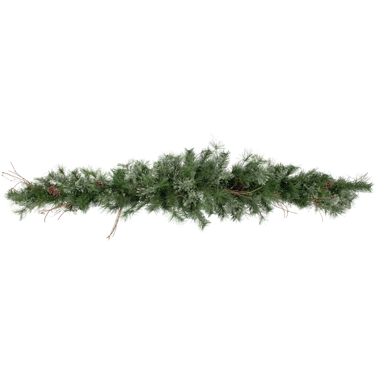 Flocked pine garland with pinecones and twigs, ideal for festive holiday decor.
