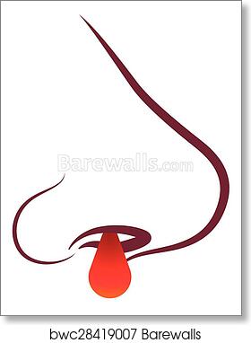 Stylized illustration of a human nose with a red blood droplet indicating nosebleed or epistaxis.