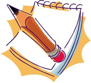 A wooden pencil with eraser writes on a spiral-bound notebook page, stylized illustration with yellow burst background.