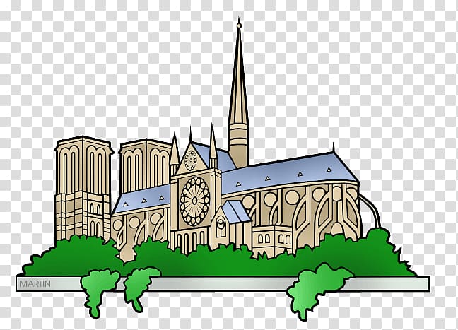 Illustrated cartoon-style Notre-Dame Cathedral in Paris with green foliage and a label "MARTIN" at base.
