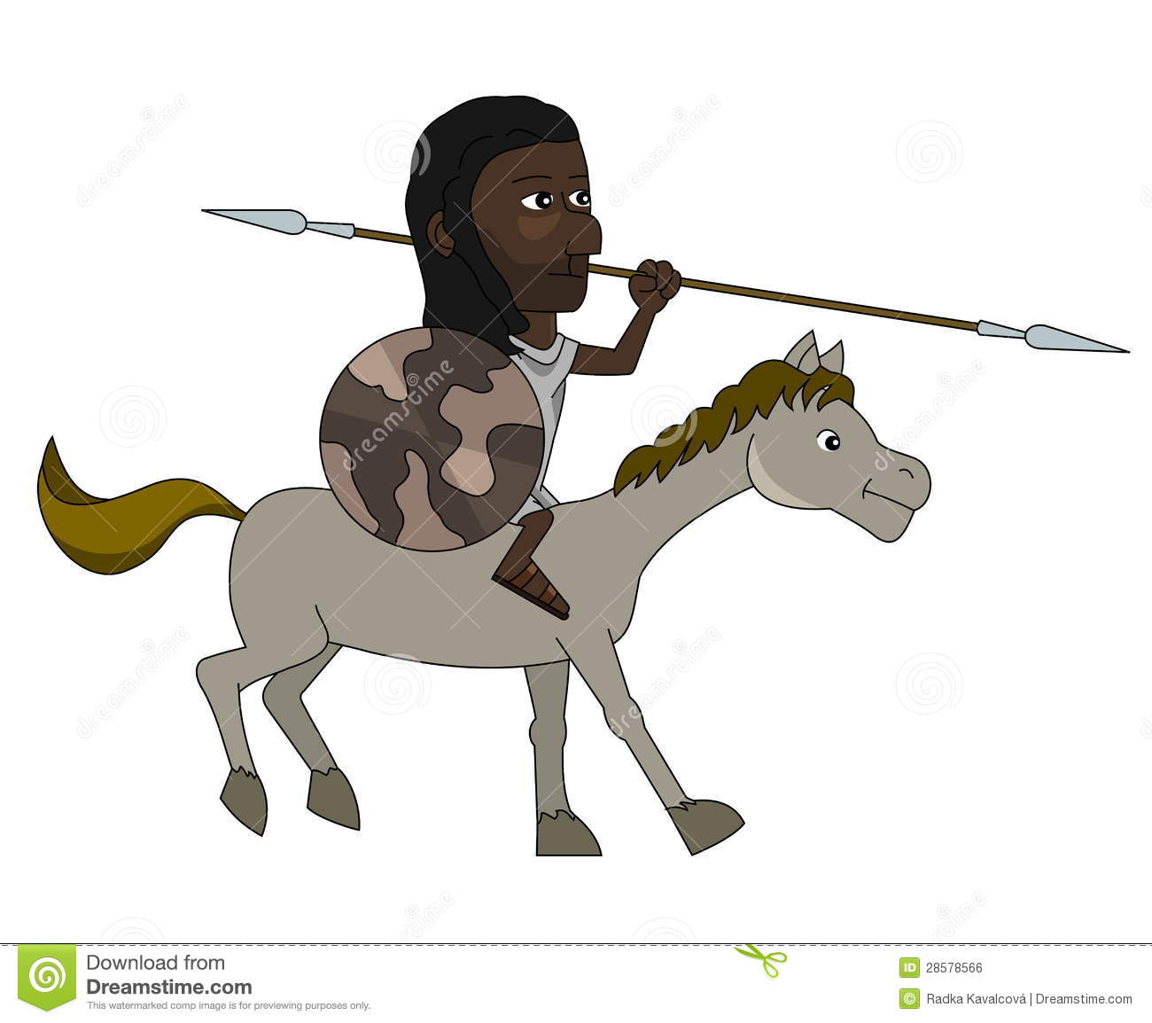 A cartoon warrior with dark skin rides a gray horse, holding a spear and carrying a camouflage shield.