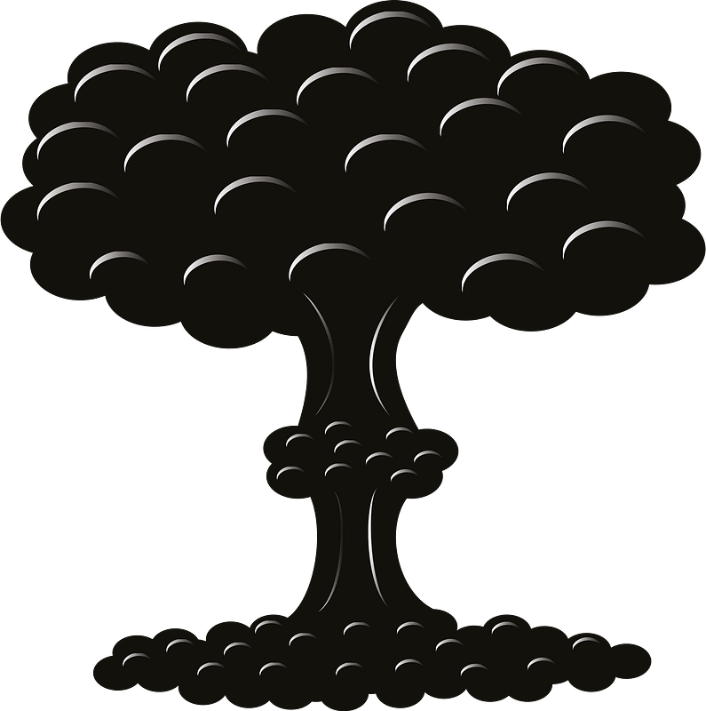 Stylized black mushroom cloud explosion with silver highlights against teal background.