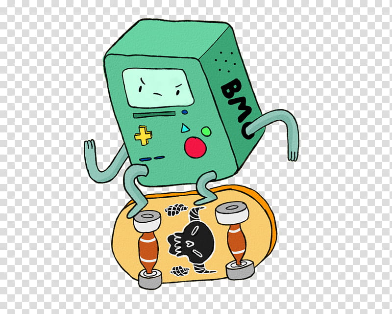 BMO, the green video game console character from Adventure Time, rides a decorated skateboard with expressive face and limbs.