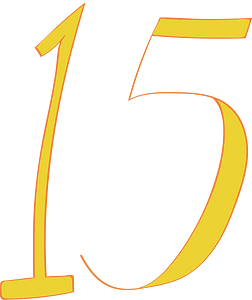 Bold yellow numeral "15" with orange outline on solid green background.