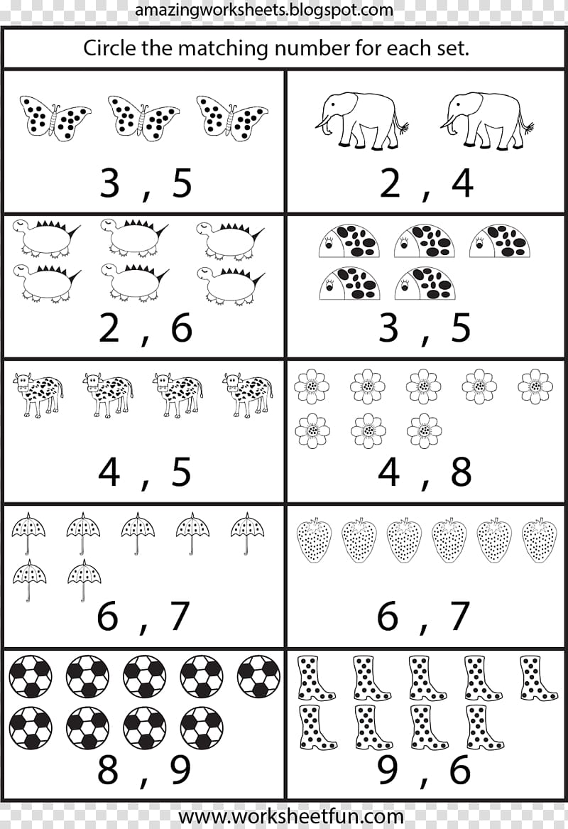 Counting worksheet for children: match sets of animals, fruits, and objects to correct numbers.
