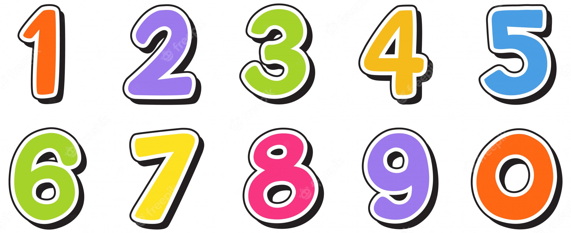 Colorful cartoon-style numerals 0 through 9 arranged in two rows on white background, each with bold black outline and white inner border.