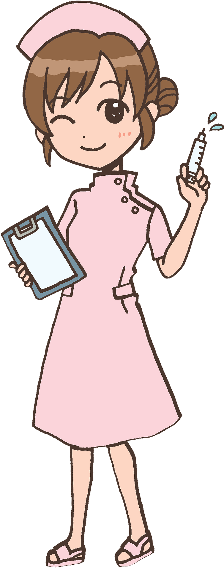 Cheerful cartoon nurse in pink uniform holding syringe and clipboard, winking with friendly expression.