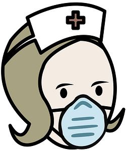Cartoon nurse wearing a surgical mask and traditional white cap with red cross.