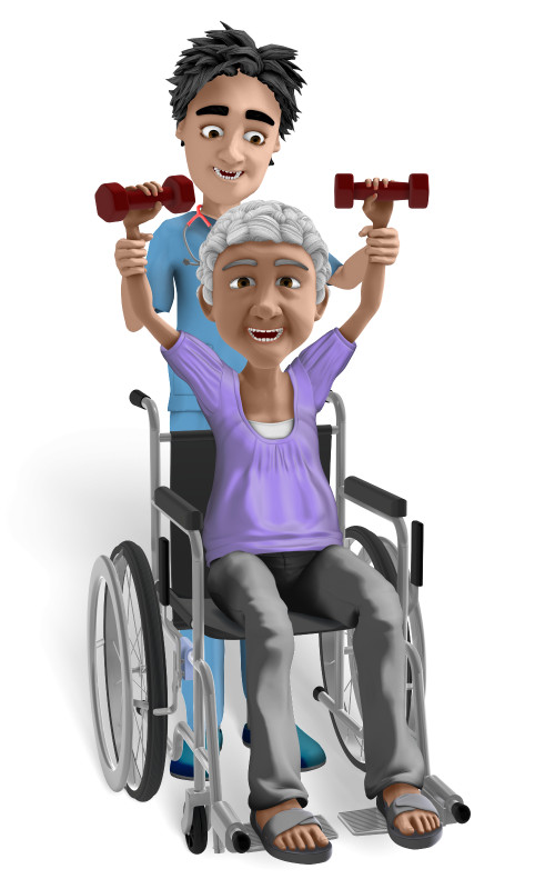 A smiling elderly woman in a wheelchair lifts dumbbells with assistance from a young male caregiver.