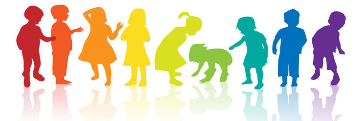 Colorful silhouettes of diverse children playing and interacting in a line, reflecting on a glossy surface.