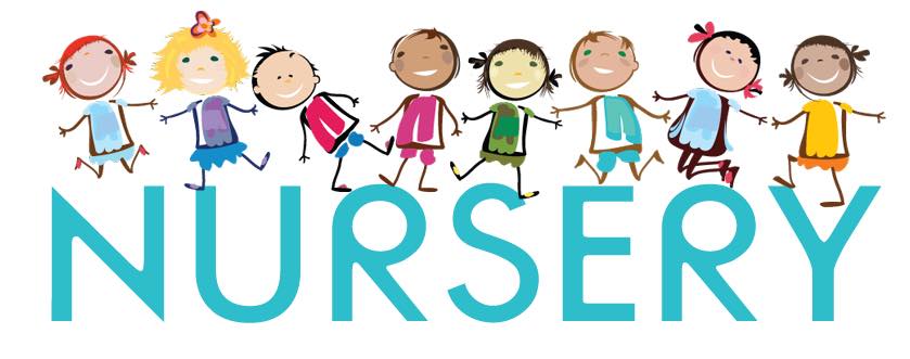 Colorful cartoon children holding hands above the word "NURSERY" in teal letters.