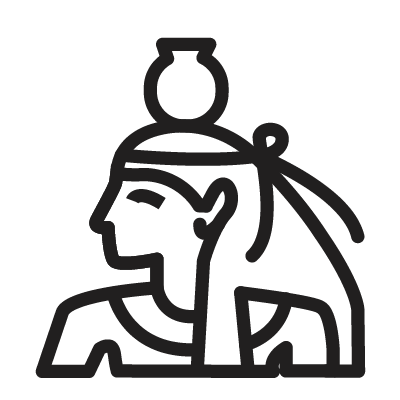 Ancient Egyptian-style line drawing of a seated figure with a vessel on the head, possibly a deity or priest.