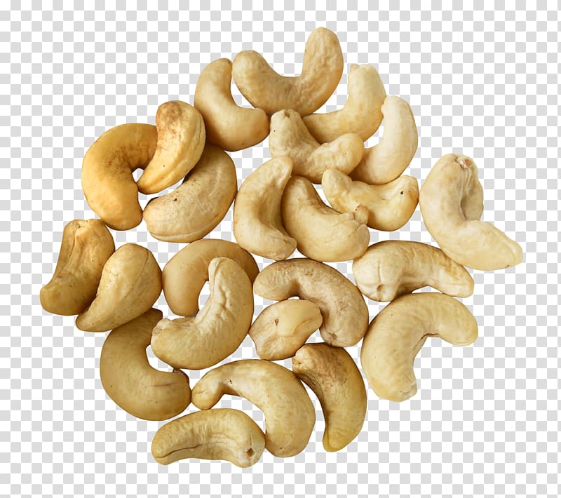A pile of roasted, unsalted cashew nuts on transparent background, light golden-brown with natural curves and texture.