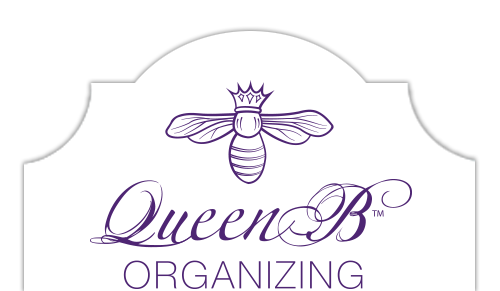 Queen B Organizing logo featuring a crowned bee in purple script on white background.