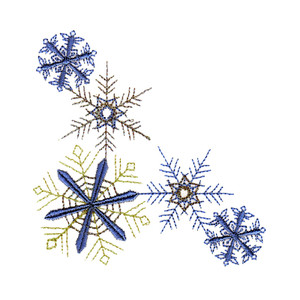 Embroidered snowflake designs in blue, gold, and brown thread on white fabric background.