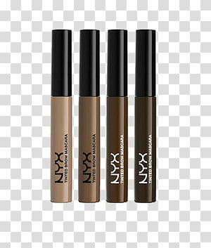 Four NYX Tinted Brow Mascara tubes in light to dark brown shades, displayed vertically on transparent background.