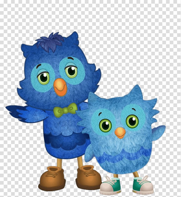 Two friendly cartoon blue owls, one larger with a bowtie and boots, the other smaller with sneakers, standing side by side.