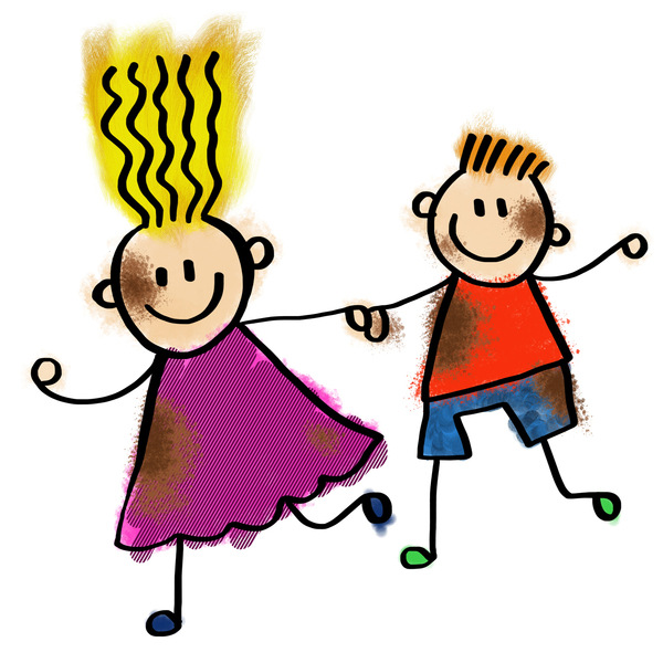 Two cheerful stick-figure children holding hands-girl with yellow spiky hair in a purple dress, boy in red shirt and blue shorts.