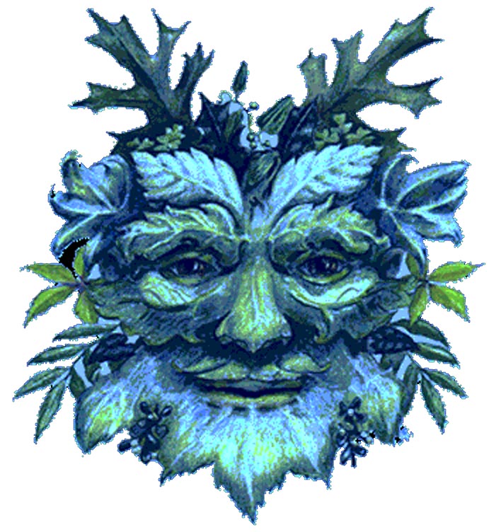 A mystical green man face composed of leaves, vines, and foliage with expressive eyes and a serene expression.
