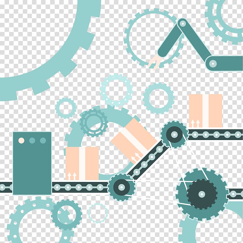 Industrial automation illustration with gears, robotic arm, conveyor belt, and packaging boxes in teal and peach tones.
