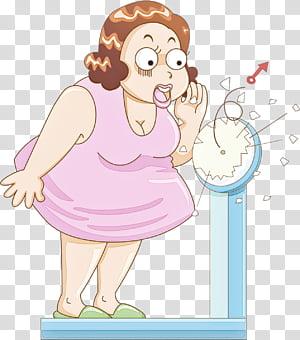 Overweight woman shocked by high reading on a broken bathroom scale, cartoon illustration.