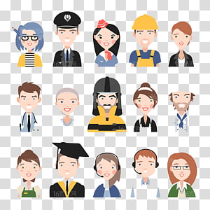 Diverse set of 15 cartoon avatars representing various professions including doctor, police officer, engineer, teacher, and customer service rep.