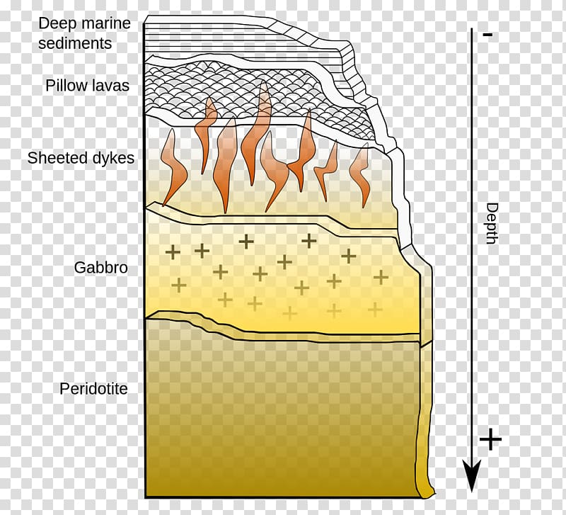 Cross-section of oceanic crust layers: peridotite, gabbro, sheeted dykes, pillow lavas, and deep marine sediments.