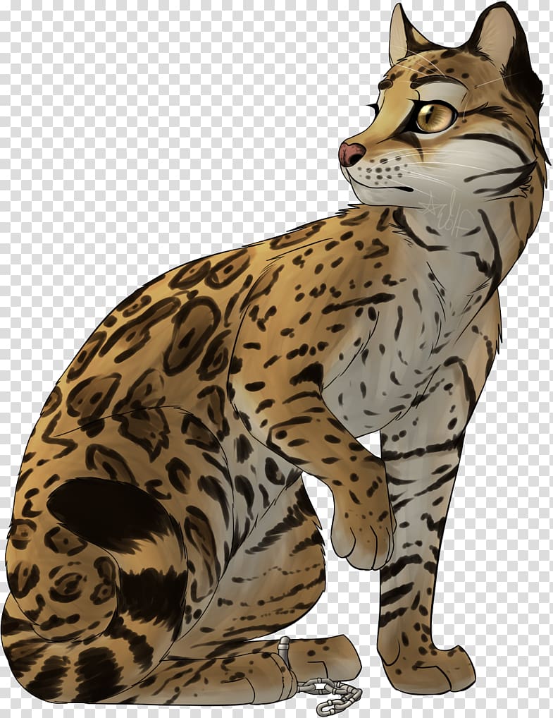 Illustrated serval cat with spotted coat, alert posture, and chain on hind leg, against transparent background.