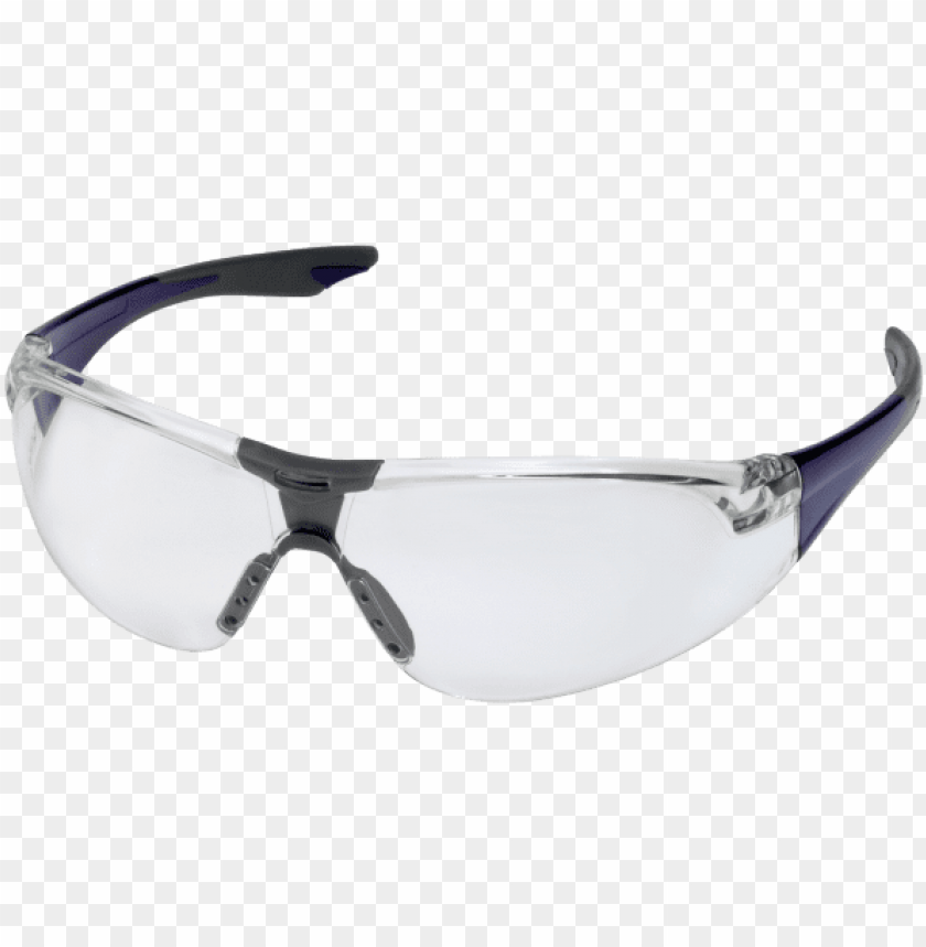 Clear-lens safety glasses with purple and black frame, side shields, and adjustable nose pads on transparent background.