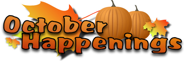 "October Happenings" banner with orange pumpkins and autumn leaves in festive fall colors.