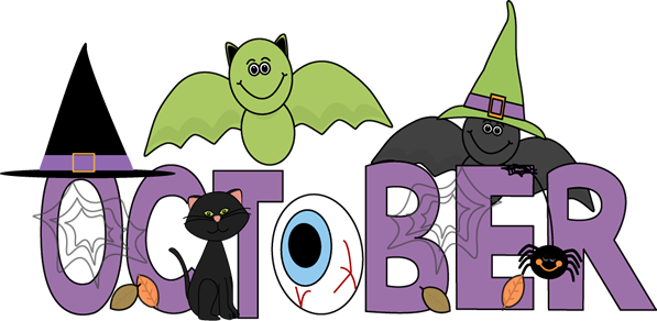 Halloween-themed "OCTOBER" text with witch hat, bat, black cat, eyeball, spider, and spiderweb decorations.