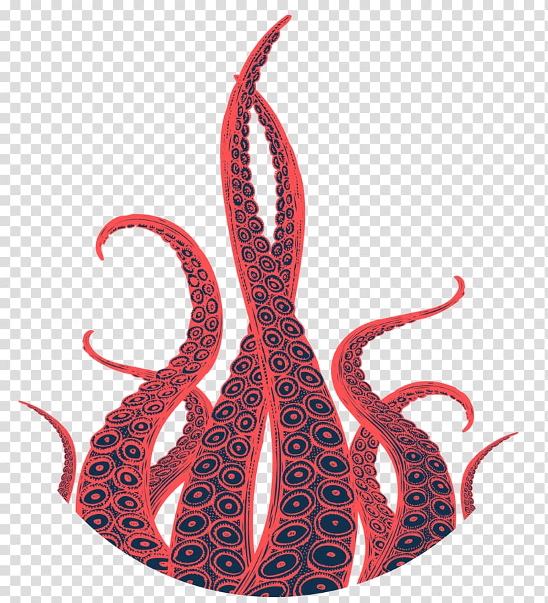 Stylized red octopus tentacles with dark blue suction cups on transparent background.