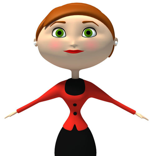 3D cartoon woman with green eyes, red top, black skirt, arms outstretched, smiling warmly.