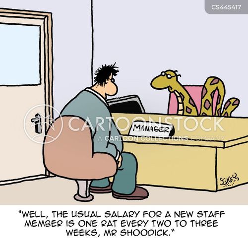 A cartoon of a man sitting at a desk labeled "MANAGER" while a lizard sits behind it, with a humorous salary joke in the caption.