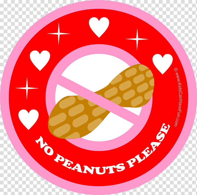 Red circular sign with pink border showing crossed-out peanuts and "NO PEANUTS PLEASE" text, surrounded by hearts and stars.