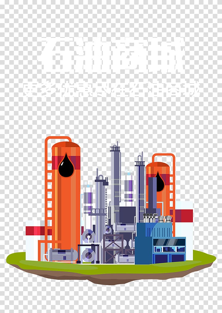 Industrial oil refinery complex with storage tanks, distillation towers, and processing units on a green island base.