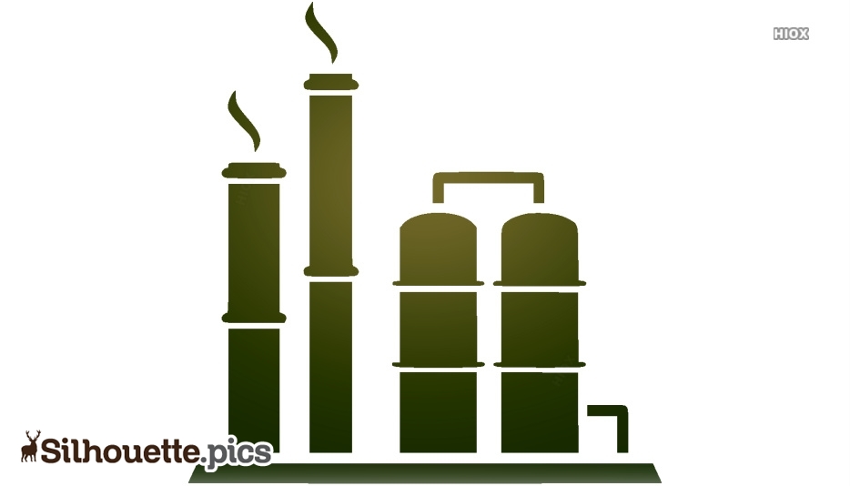 Industrial factory silhouette with smokestacks emitting fumes and storage tanks, green gradient on white background.