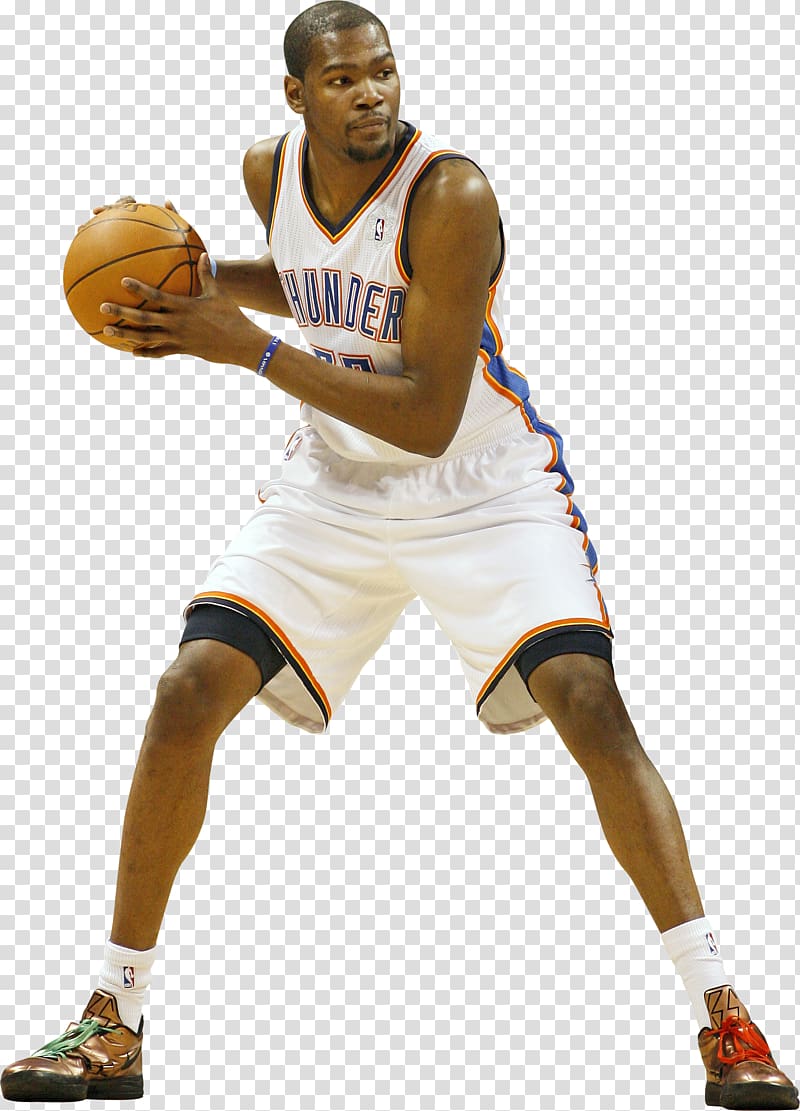 Kevin Durant in Oklahoma City Thunder uniform dribbling a basketball, focused stance on transparent background.