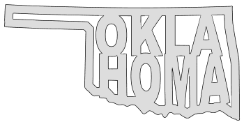 Gray silhouette of Oklahoma state outline with the word "OKLAHOMA" cut out in stylized block letters inside.