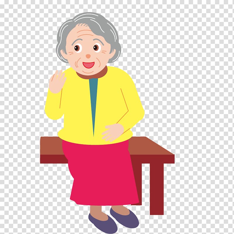 Smiling elderly woman with gray hair, wearing yellow jacket and red skirt, waving while seated on a wooden bench.