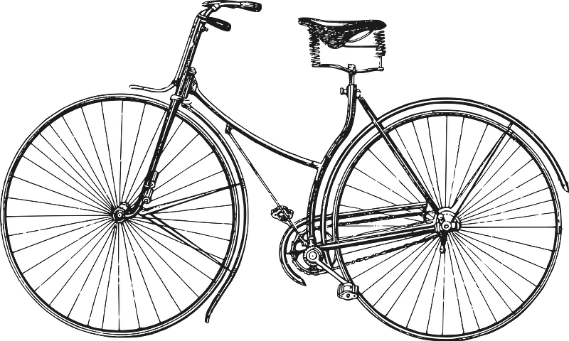 Vintage black-and-white line drawing of a classic safety bicycle with equal-sized wheels, drop handlebars, and rear rack.