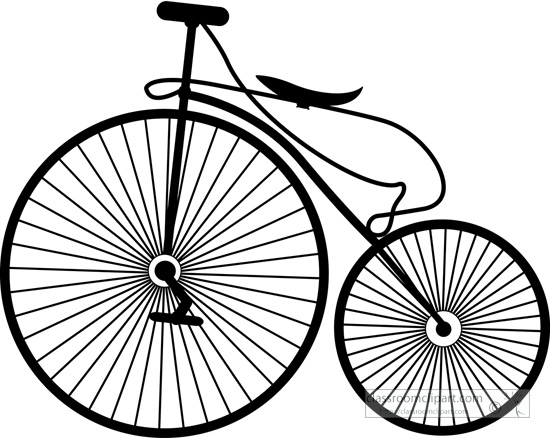 Black-and-white illustration of a vintage penny-farthing bicycle with large front wheel and small rear wheel.