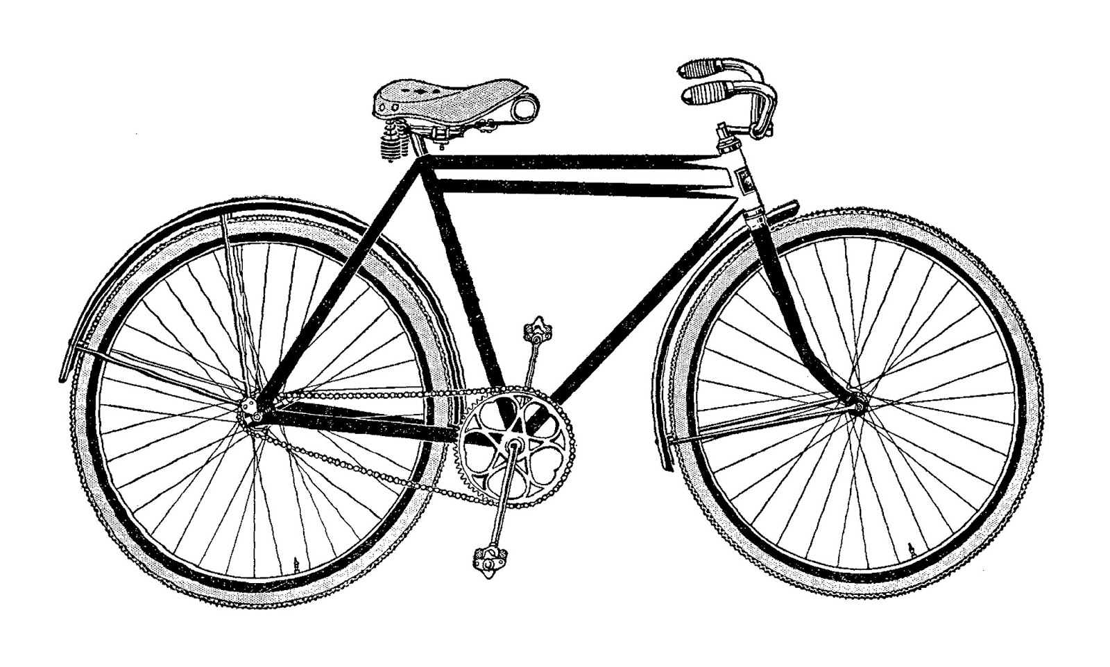Vintage black-and-white line drawing of a classic single-speed bicycle with fenders, chain guard, and upright handlebars.