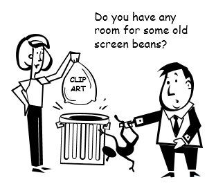 A woman dumps a bag labeled "CLIP ART" into a trash can while a man offers old screen beans; satirical cartoon about outdated digital assets.